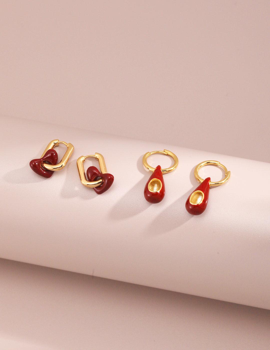 Sterling Silver Heart Red Drop Glaze Earrings - MinElèn Jewelry