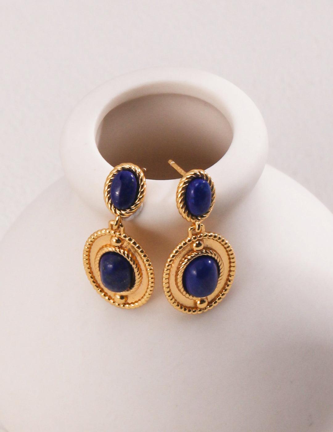 Bead-rimmed lapis lazuli stud earrings, a perfect blend of classical and modern, showing a unique flavor - MinElèn Jewelry