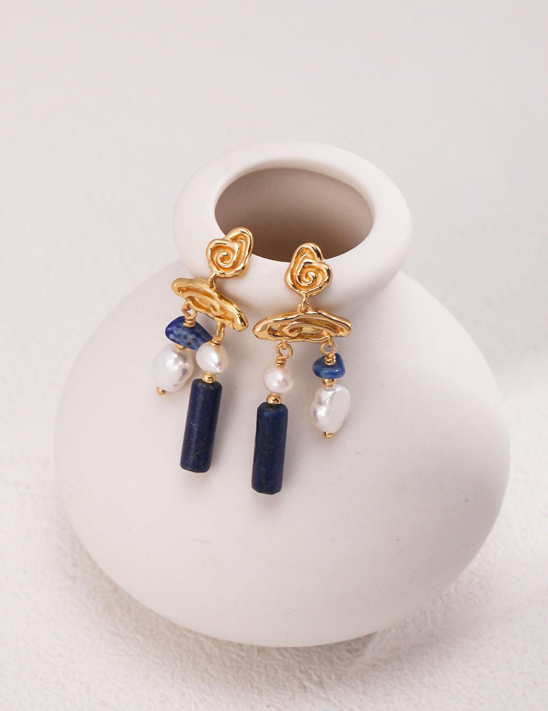 Vintage Abstract Lapis Lazuli Pearl Stud Earrings - MinElèn Jewelry