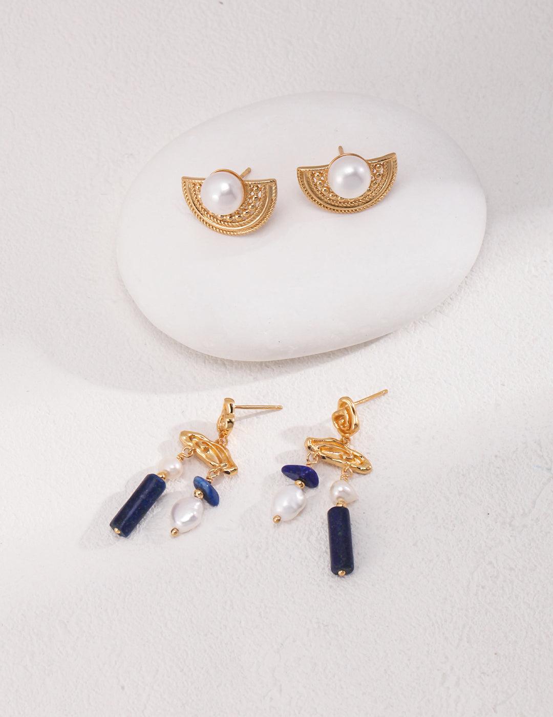 Vintage Abstract Lapis Lazuli Pearl Stud Earrings - MinElèn Jewelry