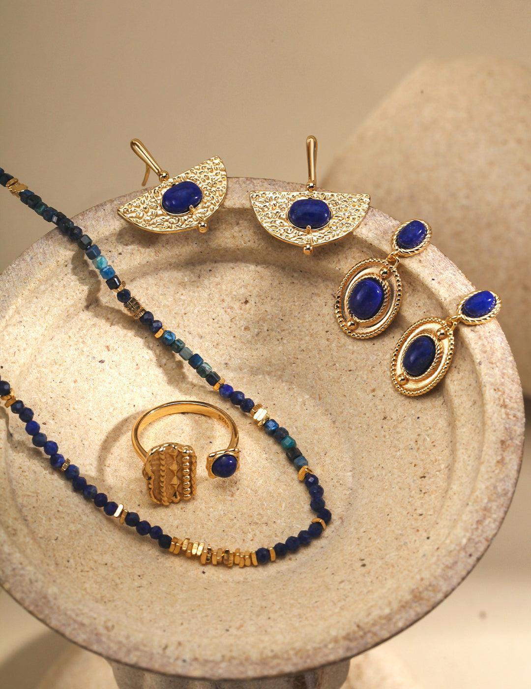 Bead-rimmed lapis lazuli stud earrings, a perfect blend of classical and modern, showing a unique flavor - MinElèn Jewelry