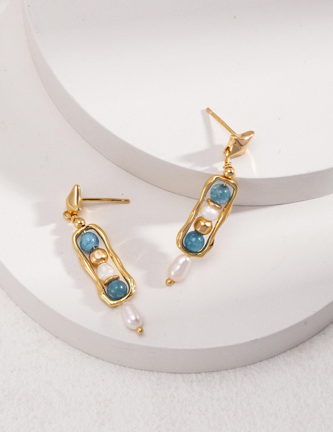 Gold and Blue with Tenkanite Pearl Earrings - MinElèn Jewelry