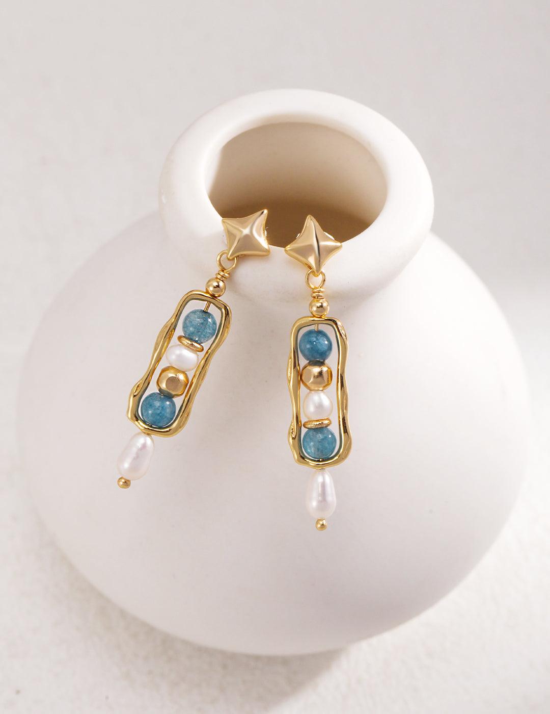 Gold and Blue with Tenkanite Pearl Earrings - MinElèn Jewelry