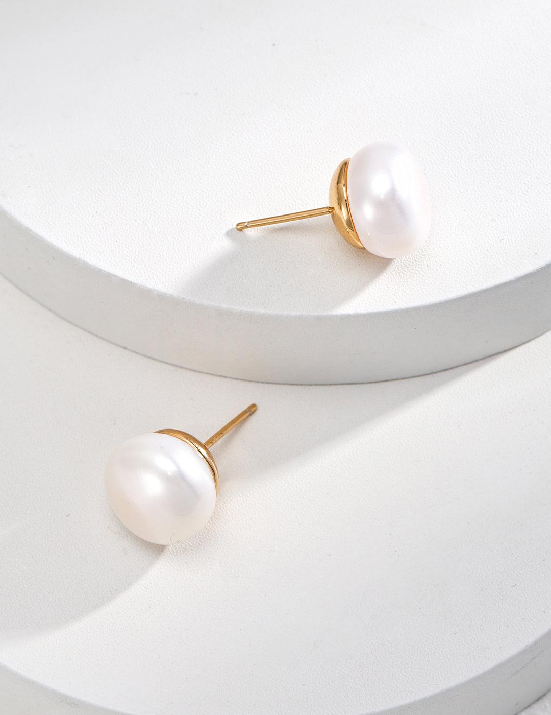 Sterling silver pearl stud earrings (flat round high fat pearls) - MinElèn Jewelry