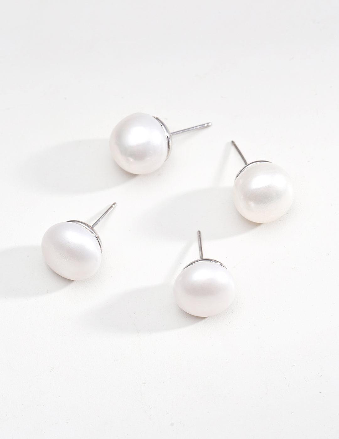 Sterling silver pearl stud earrings (flat round high fat pearls) - MinElèn Jewelry