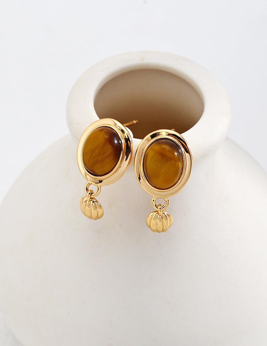 Ins Style Versatile Simple Tiger Eye Stone Sterling Silver Earrings - MinElèn Jewelry