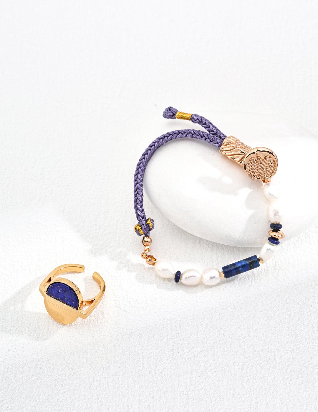 Sterling Silver Pearl Lapis Lazuli Bracelet - MinElèn Jewelry