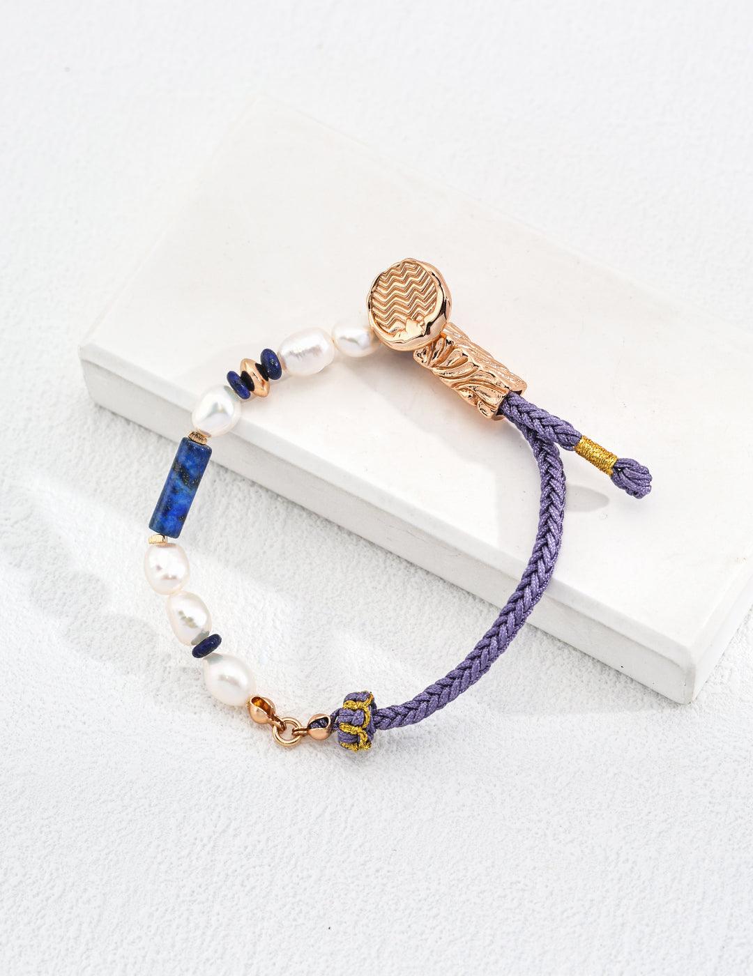 Sterling Silver Pearl Lapis Lazuli Bracelet - MinElèn Jewelry